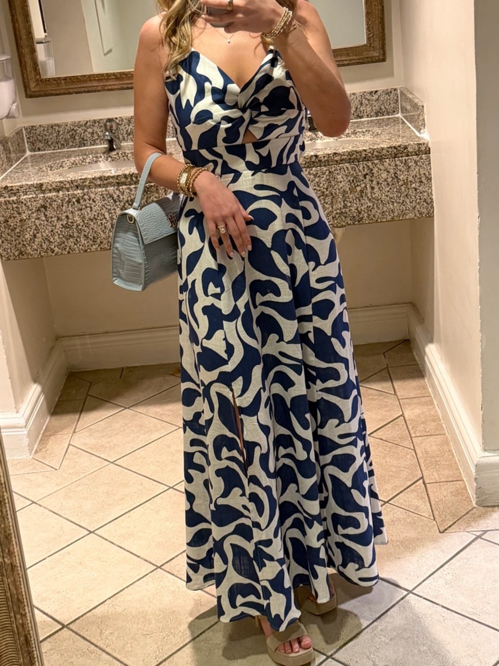 Blue and White Printed Maxi Dress -